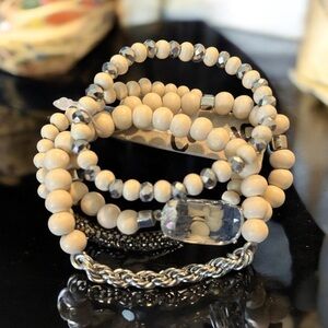 Elegant Beaded Bracelet Stack in Cream and Silver